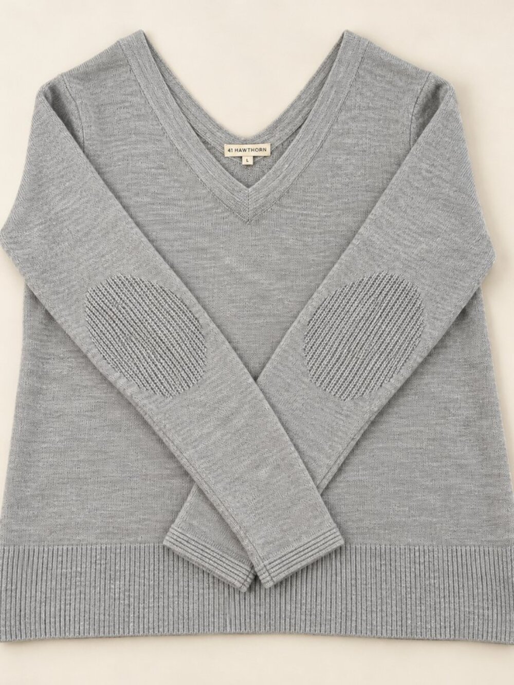 NWOT 41 Hawthorn Grey Deep V-Neck Sweater - L-  Textured Elbow Accents